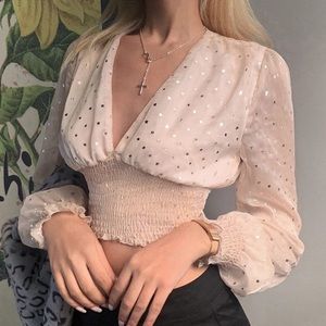 Blush Pink Balloon Sleeves Stars V-Neck Crop Top